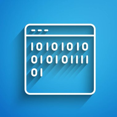Mavi arkaplanda beyaz çizgi ikili kod simgesi izole edildi. Uzun gölge. Vektör.