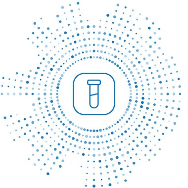 Mavi çizgi test tüpü ve beyaz arka planda izole edilmiş kimyasal test ikonu. Laboratuvar cam levhası. Soyut çember rastgele noktalar. Vektör.