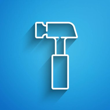 Beyaz çizgi çekiç simgesi mavi arkaplanda izole edildi. Tamir için bir araç. Uzun gölge. Vektör.