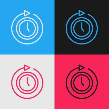 Renk arkaplanında ok simgesi olan pop sanat çizgisi. Zaman sembolü. Saat yönünde döndürme simgesi ok ve zaman. Vektör.