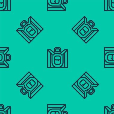 Mavi çizgi Yürüyüş sırt çantası simgesi yeşil arka planda izole edilmiş pürüzsüz desen. Kamp ve dağ gezisi sırt çantası. Vektör.