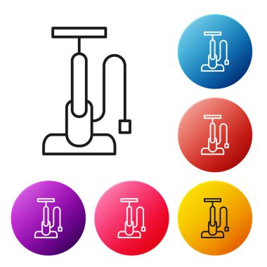 Beyaz arka planda siyah çizgi bisiklet hava pompası ikonu izole edildi. Renkli daire düğmelerini ayarlayın. Vektör.