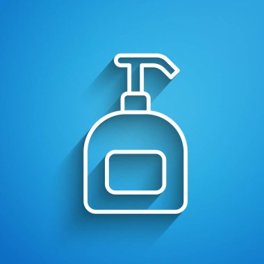 Beyaz çizgi, mavi arka planda izole edilmiş şeker ikonu içeren sıvı antibakteriyel sabun. Antiseptik. Dezenfeksiyon, hijyen, cilt bakımı. Uzun gölge. Vektör.