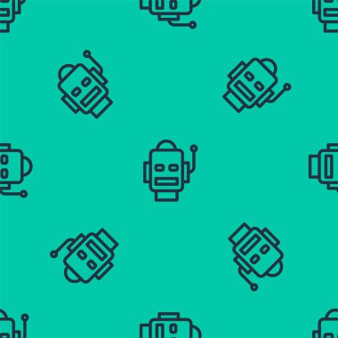 Mavi çizgi robot simgesi yeşil arka planda kusursuz deseni izole etti. Yapay zeka, makine öğrenme, bulut hesaplama. Vektör.