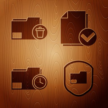 Belge klasörü korumasını, klasörü, saat ve belge içeren belge klasörünü ayarlayın ve tahta arkaplanda işaretleme işaretini işaretleyin. Vektör.