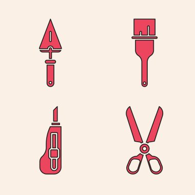 Makas, Trowel, boya fırçası ve kırtasiye bıçağı ikonu. Vektör.