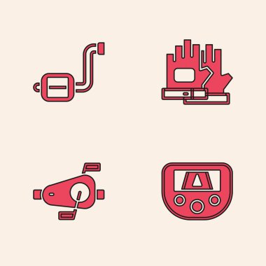 GPS cihazını harita, bisiklet pedalı, eldiven ve pedal simgesi ile ayarla. Vektör.