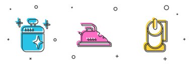 Temiz yemek tenceresi, elektrikli ütü ve tuvalet kağıdı rulo ikonunu hazırla. Vektör.