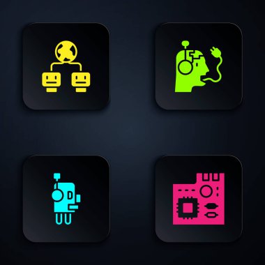 Ana kart dijital çipi, yapay zekayı, robotu ve şarj bataryasını ayarla. Siyah kare düğme. Vektör.