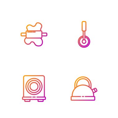 Kabzalı kettle, elektrikli soba, hamurda raptiye ve pizza bıçağı. Renk simgeleri. Vektör.