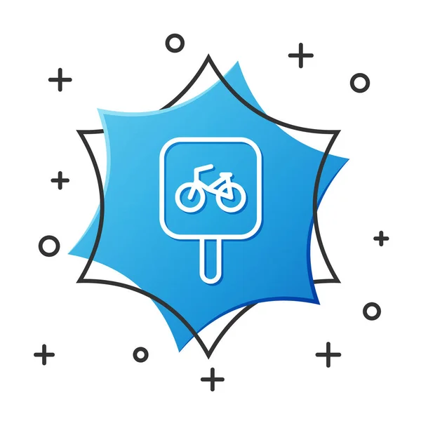 White Line Bicycle Parking Icon Isolated White Background Blue Hexagon — Stock Vector