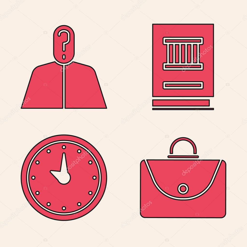 Set Briefcase, Anonymous with question mark, Law book and Clock icon. Vector.