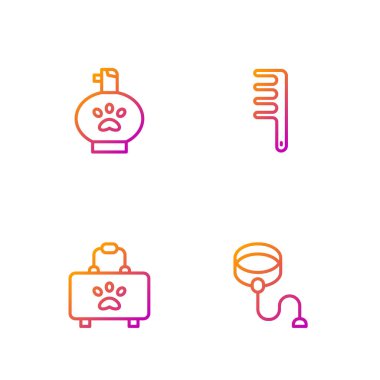 İpi geri çekilebilir tasma, evcil hayvan ilk yardım çantası, köpek ve kedi için şampuan ve saç fırçası. Renk simgeleri. Vektör.