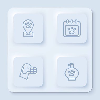 Yer belirleme hayvan tımarı, takvim, köpek ağızlığı ve evcil hayvan şampuanı. Beyaz kare düğme. Vektör.