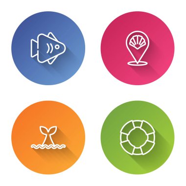 Fish, Scallop deniz kabuğu, okyanus dalgasında balina kuyruğu ve Lifebuoy. Renkli daire düğmesi. Vektör.