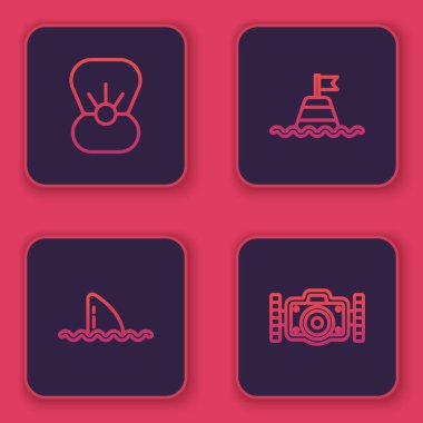 İnci kabuklu çizgi, okyanus dalgasında köpekbalığı yüzgeci, denizde yüzen şamandıra ve fotoğraf makinesi. Mavi kare düğme. Vektör.