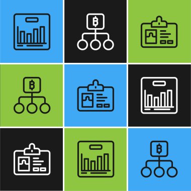 Set line Pie chart infographic, Identification badge and Blockchain technology Bitcoin icon. Vector.