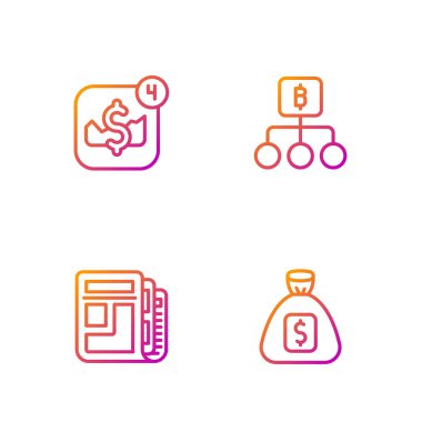 Set line Money bag, Stock market news, Mobile stock trading and Blockchain technology Bitcoin. Gradient color icons. Vector.