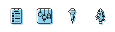 Set line Microphone, New year goals list, Christmas lights and tree icon. Vector.