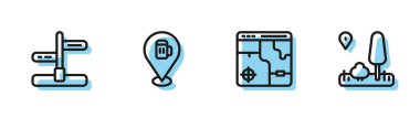 Set line Infographic of city map, Road traffic sign, Alcohol or beer bar location and City navigation icon. Vector.
