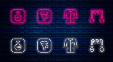 Set line Funnel or filter, Laboratory uniform, Test tube and flask and . Glowing neon icon on brick wall. Vector.