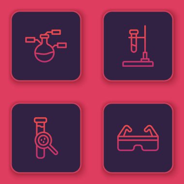 Test tüpü ve matarayı ateşe verin ve güvenlik gözlüklerini takın. Mavi kare düğme. Vektör.