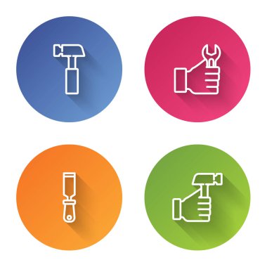 Çekiç, İngiliz anahtarı, Rasp metal dosyası ve... Renkli daire düğmesi. Vektör.