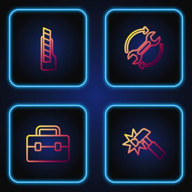 Hammer, Toolbox, Kırtasiye bıçağı, İngiliz anahtarı ve okları iş akışı olarak ayarla. Renk simgeleri. Vektör.