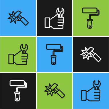 Çizgi Hammer, boya fırçası ve İngiliz anahtarı simgesi. Vektör.