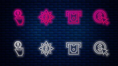 Dolar, hisse, şebeke, ATM ve para, bozuk para ve bozuk para. Tuğla duvarda parlayan neon simgesi. Vektör.