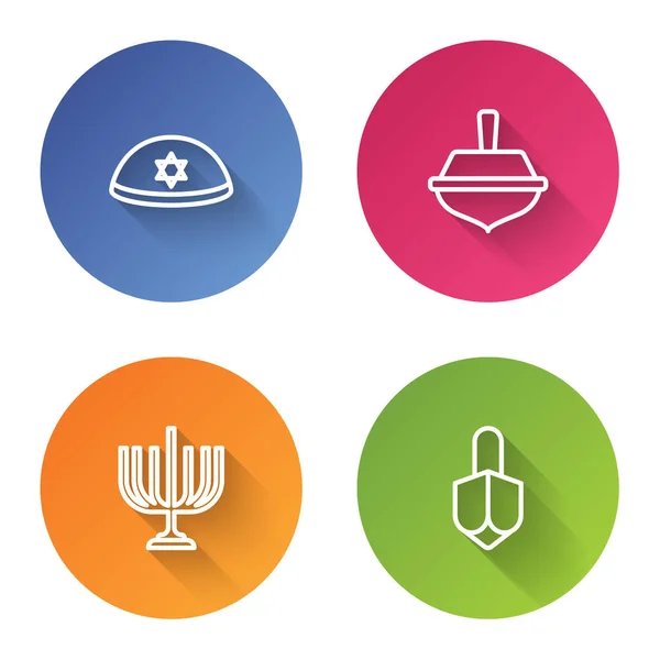 Set Line Jewish Kippah Hanukkah Dreidel Menorah Color Circle Button — Vector de stock