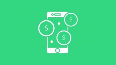 Yeşil arka planda dolar sembolü olan beyaz akıllı telefon. İnternetten alışveriş konsepti. Finansal cep telefonu simgesi. Çevrimiçi ödeme. 4K Video hareketli grafik canlandırması