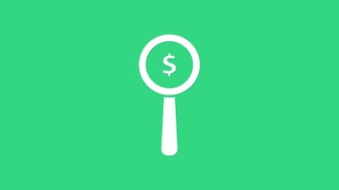 Yeşil arka planda beyaz büyüteç ve dolar sembolü var. Para bul. Para arıyorum. 4K Video hareketli grafik canlandırması