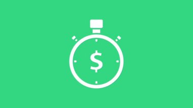 Beyaz Zaman yeşil arka planda izole edilmiş para simgesidir. Para zamandır. Etkili zaman yönetimi. Zamanı paraya çevir. Kronometre işareti. 4K Video hareketli grafik canlandırması