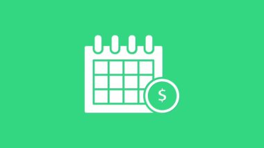 Beyaz Mali Takvim simgesi yeşil arkaplanda izole edildi. Yıllık ödeme günü, aylık bütçe planlaması, sabit dönem konsepti, kredi süresi. 4K Video hareketli grafik canlandırması