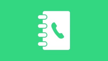 Yeşil arkaplanda beyaz adres defteri simgesi izole edildi. Not defteri, adres, bağlantı, rehber, telefon, telefon rehberi simgesi. 4K Video hareketli grafik canlandırması