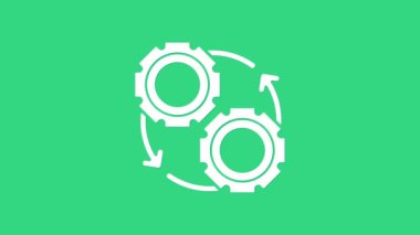 İş akışı konsepti simgesi olarak beyaz dişli ve oklar yeşil arkaplanda izole edildi. Vites doldurma tabelası. 4K Video hareketli grafik canlandırması