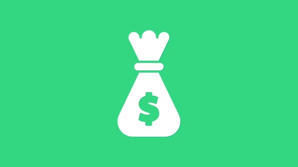 White Money bag icon isolated on green background. Dollar or USD symbol. Cash Banking currency sign. 4K Video motion graphic animation — Stock Video