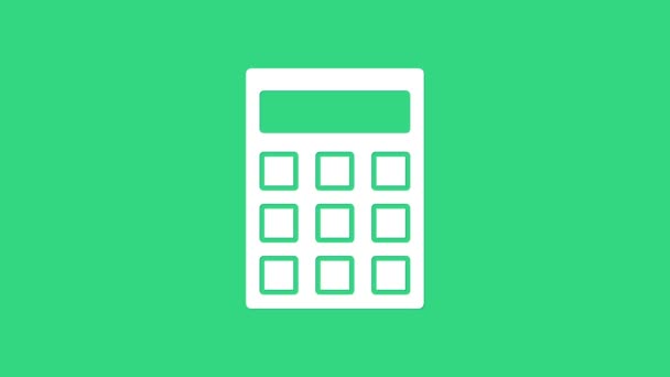 Weißes Rechner-Symbol isoliert auf grünem Hintergrund. Buchhalterisches Symbol. Business Kalkulationen Mathematik Bildung und Finanzen. 4K Video Motion Grafik Animation — Stockvideo