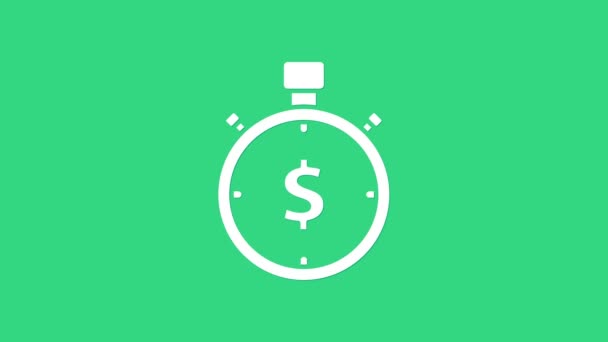White Time es el icono del dinero aislado en el fondo verde. El dinero es tiempo. Gestión eficaz del tiempo. Convertir tiempo en dinero. Señal de cronómetro. Animación gráfica de vídeo 4K — Vídeos de Stock