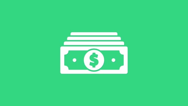 Witte stapels papiergeld cash icoon geïsoleerd op groene achtergrond. Bankbiljetten stapelen zich op. Wisselgeld. 4K Video motion grafische animatie — Stockvideo