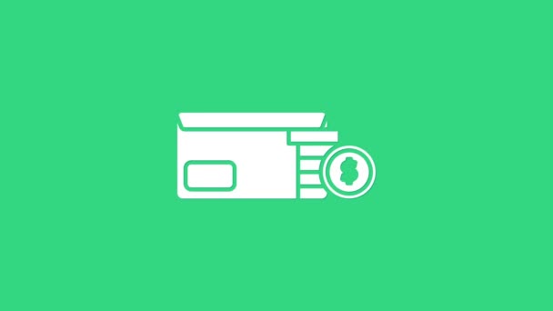 Envelope branco com ícone de símbolo de dólar de moeda isolado no fundo verde. Aumento salarial, folha de pagamento do dinheiro, renda de compensação. Animação gráfica em movimento de vídeo 4K — Vídeo de Stock