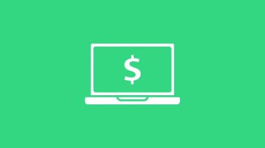 Yeşil arkaplanda dolar sembolü olan beyaz dizüstü bilgisayar. İnternetten alışveriş konsepti. İnternetten kazanç, pazarlama. 4K Video hareketli grafik canlandırması