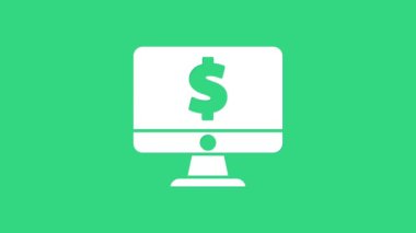 Yeşil arkaplanda dolar sembolü olan beyaz bilgisayar monitörü. İnternetten alışveriş konsepti. İnternetten kazanç, pazarlama. 4K Video hareketli grafik canlandırması