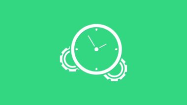 Beyaz Zaman Yönetimi simgesi yeşil arkaplanda izole edildi. Saat ve vites tabelası. Üretkenlik sembolü. 4K Video hareketli grafik canlandırması