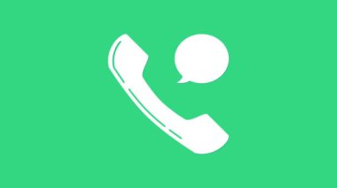 Beyaz telefon ahizesi ve konuşma balonu sohbet simgesi yeşil arkaplanda izole edildi. Telefon işareti. 4K Video hareketli grafik canlandırması