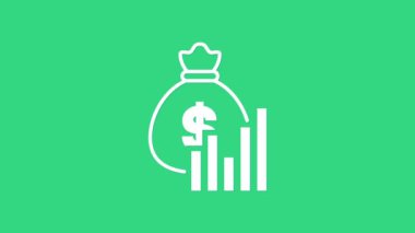 Yeşil arkaplanda beyaz para çantası ve şema grafik simgesi izole edildi. Finansal analizler, bütçe planlaması, finans yöneticileri. 4K Video hareketli grafik canlandırması