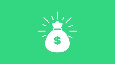 Yeşil arka planda beyaz para çantası simgesi izole edildi. Dolar ya da USD sembolü. Nakit bankacılık tabelası. 4K Video hareketli grafik canlandırması