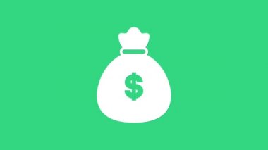 Yeşil arka planda beyaz para çantası simgesi izole edildi. Dolar ya da USD sembolü. Nakit bankacılık tabelası. 4K Video hareketli grafik canlandırması