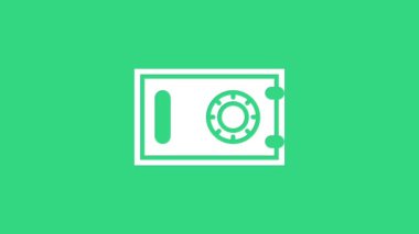 Yeşil arkaplanda beyaz kasa simgesi izole edildi. Kapı, şifreli bir banka kasası. Güvenilir Veri Koruma. 4K Video hareketli grafik canlandırması